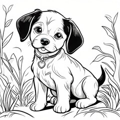 Fototapeta premium puppy with a bone LINEART, COLORING BOOK,