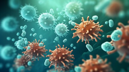 Microscopic Bacteria and Virus on Clinical Medical Background - 3D Illustration of Infectious Microorganisms in Health Setting
