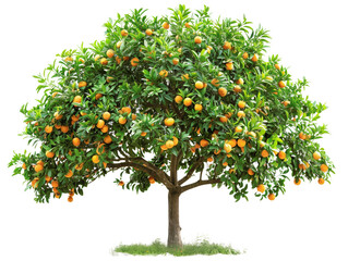 Lush orange tree with abundant ripe fruit, showcasing vibrant green leaves and a sturdy trunk, perfect for agricultural and nature themes.