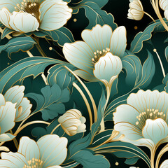 Art Deco Floral Pattern: Seamless in Jade, Ivory, and Gold