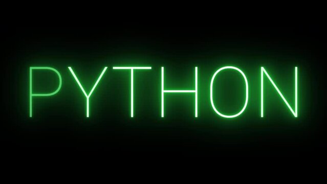 Flickering glowing green neon Python sign animated black background