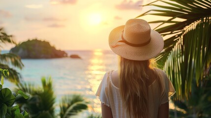 A young woman, adorned with a hat, overlooks a calm sea in a lush tropical setting. The wide shot captures the serene vibe, bathed in the warm glow of golden hour light.