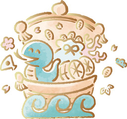 年賀状素材　2025　宝船　巳年　巳　へび　ゆるかわ　かわいい　手描き　水彩　正月　イラスト素材