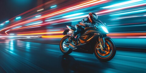 a sport motorcycle moving at night, with light trail