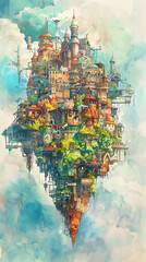 High-angle view of a vibrant floating city in a fantasy world