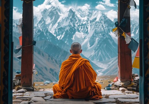 A Tibetan monk sits in deep meditation at a high-altitude monastery Himalayas, with prayer flags fluttering in the wind and majestic peaks in the distance, embodying peace and spiritual tranquility.