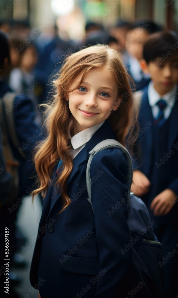 Canvas Prints a young girl in a school uniform standing in front of a group of students. generative ai.