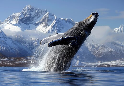 A dramatic moment as a humpback whale breaches the ocean's surface off Alaska's coast, with snow-capped mountains providing a stunning backdrop, epitomizing the raw power and beauty of marine wildlife