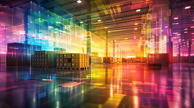 Inventory management in a large warehouse close up, focus on, copy space Vibrant and orderly scene Double exposure silhouette with barcode scanners and pallets.