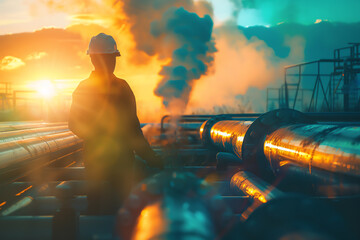 Technician maintaining geothermal infrastructure close up, focus on, copy space Modern and sustainable colors Double exposure silhouette with pipes and geothermal vents.