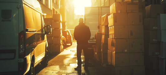 Van driver preparing for lastmile delivery close up, focus on, copy space Efficient and organized scene Double exposure silhouette with van and packages.