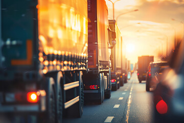 Trucks transporting cargo on a highway close up, focus on, copy space Vibrant and busy atmosphere Double exposure silhouette with trucks and road.