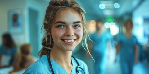 A woman in scrubs smiling while other people are behind her. Generative AI.