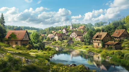 Fototapeta premium Enchanting Countryside Charm Quaint Village Scene with Traditional Houses and Scenic Landscapes