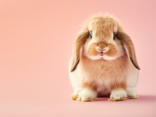 Fototapeta premium A small brown and white rabbit sitting on a pink background. Generative AI.