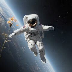 astronaut in space with flower in hand and earth in the background