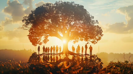 Extended family reunion outdoors close up, focus on, copy space Vibrant and cheerful atmosphere Double exposure silhouette with tree and roots.