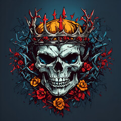 A skull with a crown of thorns and colourful style for t-shirt design