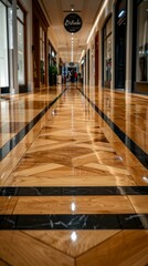 Fototapeta premium A long wooden floor in a mall with people walking on it. AI.