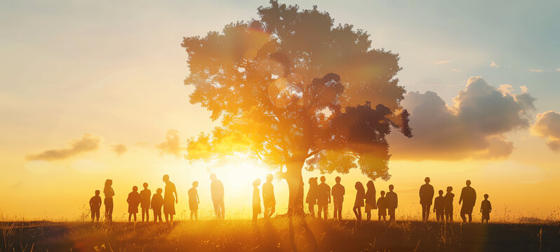 Extended family reunion outdoors close up, focus on, copy space Vibrant and cheerful atmosphere Double exposure silhouette with tree and roots.