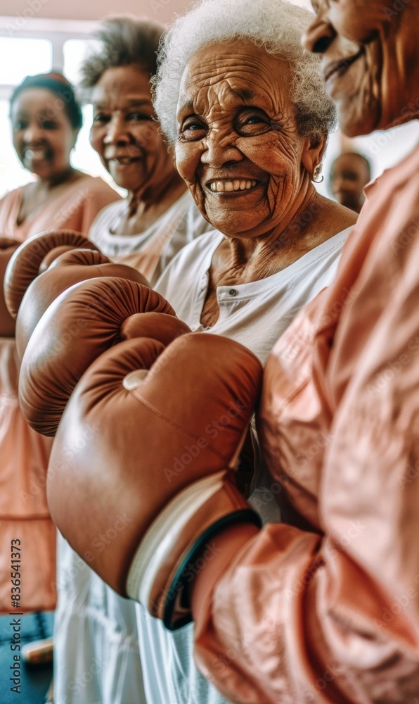 Sticker A group of elderly women in a gym with boxing gloves on. AI.