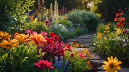 Fototapeta premium Summer's Palette: Vibrant Garden Bursting with Color, Blooming Spectacle: A Vibrant Garden in Full Summer Glory, Color Explosion: Vibrant Summer Garden in Full Bloom, Summer Symphony: Bursting Colors 