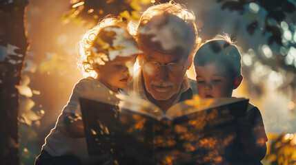Grandparent telling stories to grandchildren close up, focus on, copy space Soft and loving hues Double exposure silhouette with open book. © Porawit