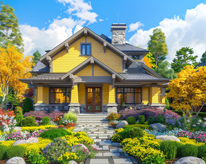 Front view of a newly constructed craftsman style yellow house with gray accents, nestled in a vibrant spring garden.