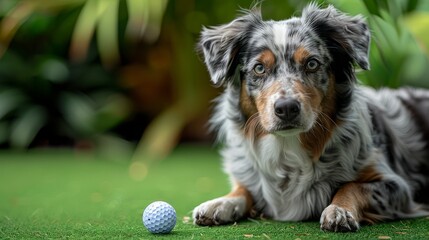 A cute dog is lying on the green grass with a golf ball next to it. The dog has a light blue and gray coat and is looking at the camera.