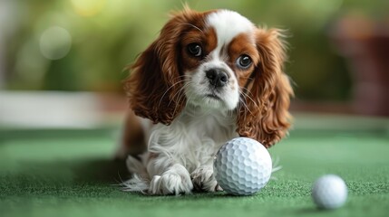 A cute Cavalier King Charles Spaniel puppy is sitting on the green grass next to a golf ball