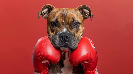 A boxer dog wearing red boxing gloves is ready to fight.