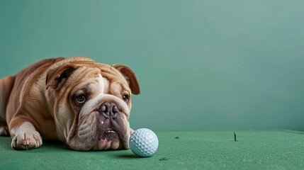 The image shows a bulldog lying on a green background with a golf ball in front of him. The bulldog is looking at the golf ball with a bored expression on his face.