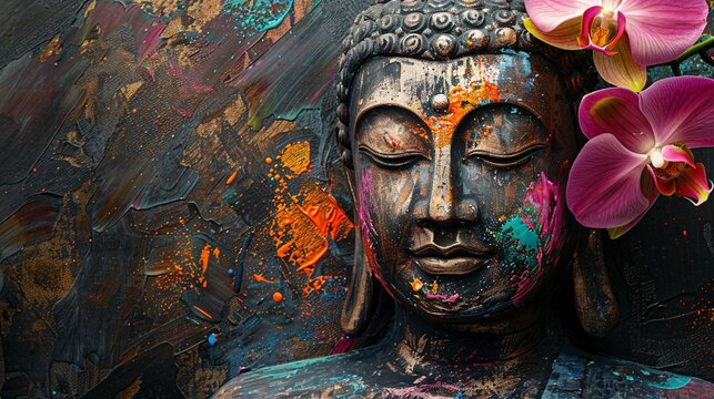 Buddha's face painting with colorful splashes and orchid flower