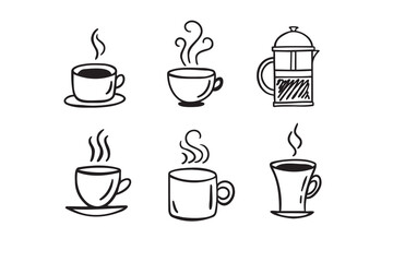 Hand drawn hot drinks set. Doodle coffee cups white background. Coffee, tea, cappuccino, espresso, latte, americano, hot chocolate