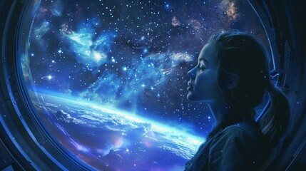 A beautiful woman marvels at stars from a spacecraft window in detailed artwork, capturing celestial beauty and mystery.