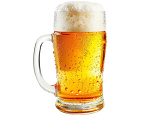 A frosty mug of golden beer with a generous foamy head, perfect for refreshing your senses on a hot day or pairing with delicious food.