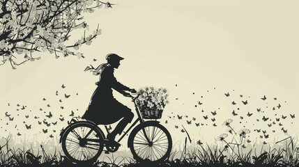 Obraz premium Detailed silhouette artwork of an elegant woman riding a vintage bicycle with a basket of flowers exuding charm and leisure.
