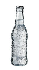 Clear glass bottle with sparkling water and condensation droplets. Ideal for refreshing beverage advertising or product design.