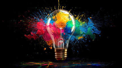 
Creative light bulb explodes with colorful paint and splashes on a black background. Think differently creative idea concept -