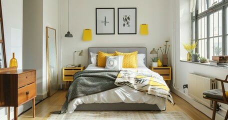 An interior shot of a modern bedroom featuring Scandinavian elements and small yellow accents, creating a cozy atmosphere. Editorial photography for Apartment Therapy.