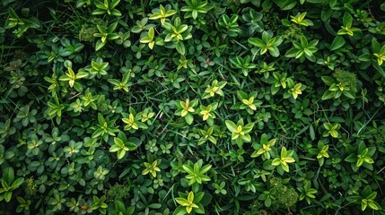 A Dense Patch of Vibrant Green Foliage Interwoven with a Variety of Small Yellow Flowers Creating an Aesthetic Pattern