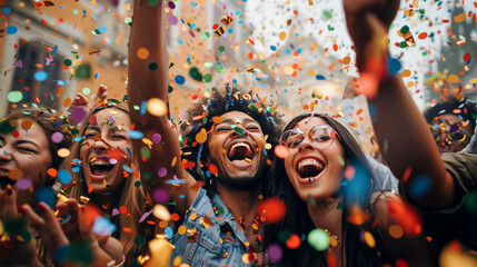 Happy diverse employees team celebrating success business achievement among confetti.