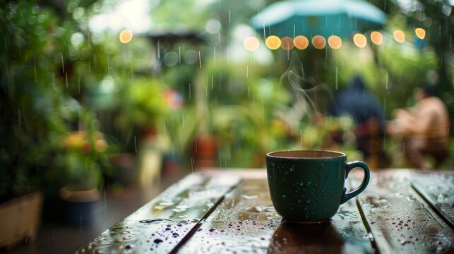 A family enjoying a cup of hot tea on their porch watching the monsoon rains bring life to their garden.