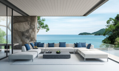 Fototapeta premium Create an empty modern outdoor lounge with light grey and white wood walls, blue accent pillows on sofa, large window overlooking the ocean, stone wall accents, and white concrete flooring
