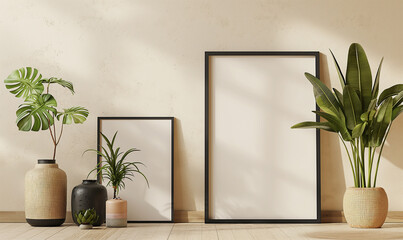 3d rendering, 2 large black framed blank picture frames on a beige wall, mockup template, home decor style, one frame with a square shape and the other with a landscape format, minimalist style