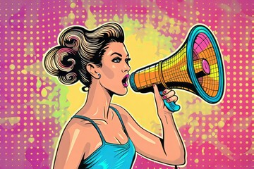 pin up style girl speaking with megaphone pop art retro vector illustration ,for blasting information / announcement