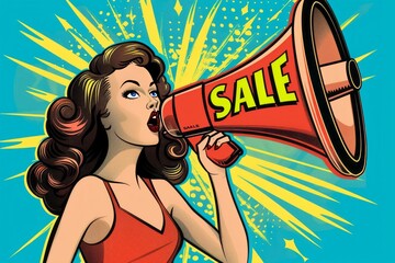 pin up style girl speaking with megaphone pop art announcement with a megaphone for Discount / Sale information, special offer , promotion ,clearance