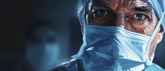 Close-up of a healthcare professional in surgical mask and cap, with intense eyes, representing medical expertise and dedication.