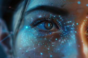 Realistic render of close-up of a human eye with futuristic holographic interface overlay, showcasing technology and digital innovation in blue tones.