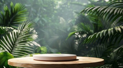 Fototapeta premium Wooden Product Podium Display, Tropical Leaves in Natural Jungle Setting -Generative AI
